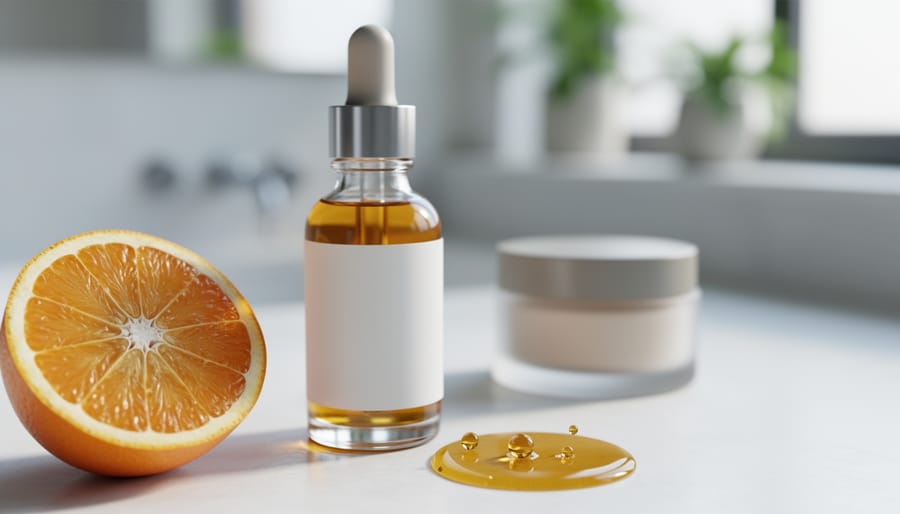 Close-up of a glass serum dropper with golden vitamin C serum next to citrus fruit on a clean vanity background.
