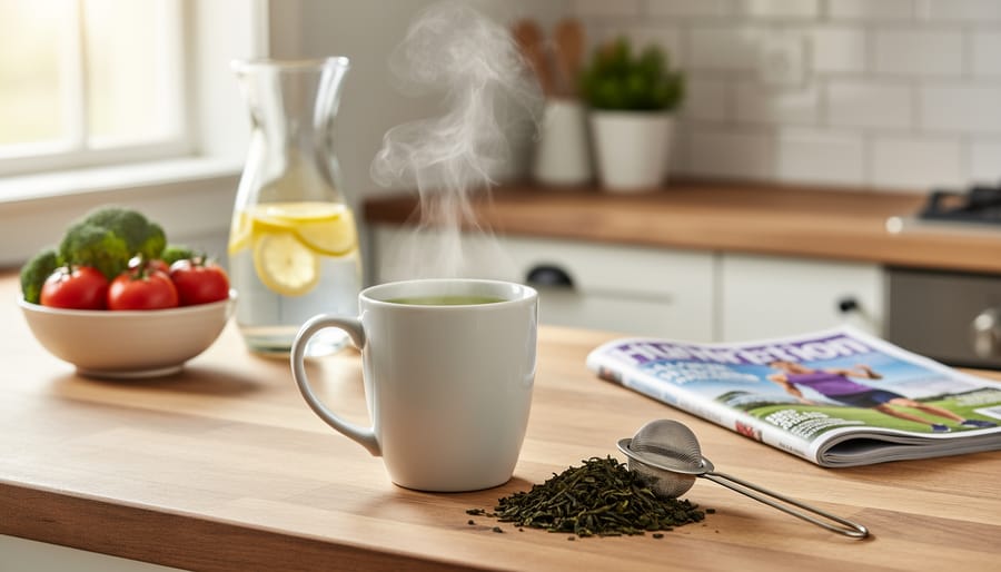 Close-up of a cup of green tea with loose green tea leaves and mint