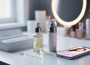 Skincare serum bottles and tools arranged on a bathroom vanity with a smartphone in the background, suggesting influencer-inspired routine research.