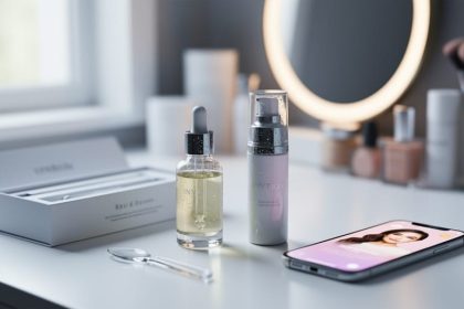 Skincare serum bottles and tools arranged on a bathroom vanity with a smartphone in the background, suggesting influencer-inspired routine research.