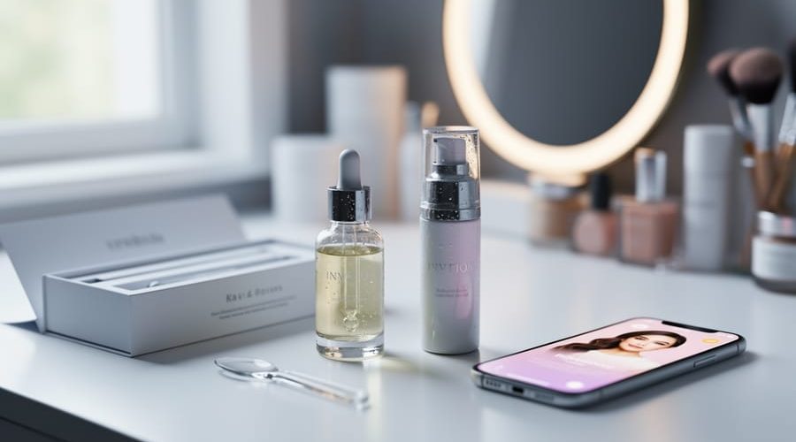 Skincare serum bottles and tools arranged on a bathroom vanity with a smartphone in the background, suggesting influencer-inspired routine research.