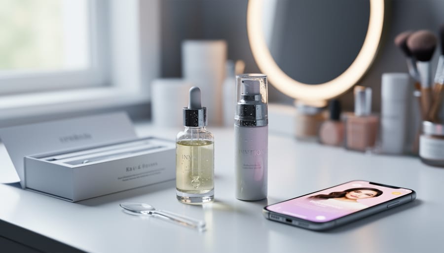 Skincare serum bottles and tools arranged on a bathroom vanity with a smartphone in the background, suggesting influencer-inspired routine research.
