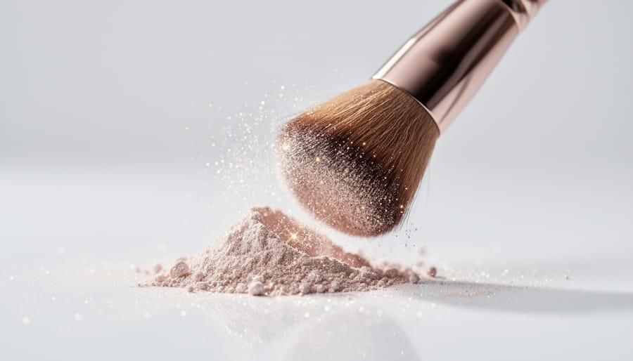 Makeup brush dipping into an open jar of pearly illuminating powder on a vanity