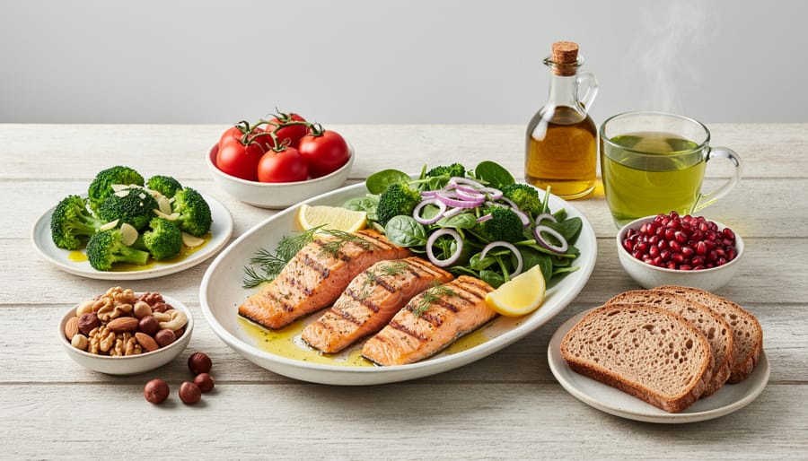 Mediterranean-style meal with cooked tomato sauce, broccoli, and leafy greens arranged on a table