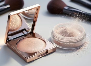 Close-up of pearly mica flakes in cosmetic highlighter compact and loose powder tray, with soft reflective shimmer under studio lighting.