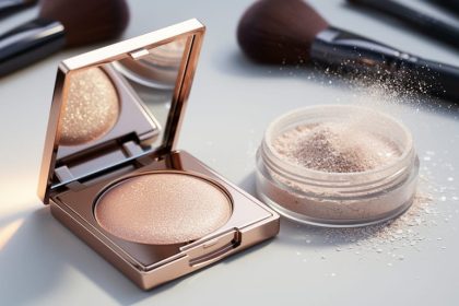 Close-up of pearly mica flakes in cosmetic highlighter compact and loose powder tray, with soft reflective shimmer under studio lighting.