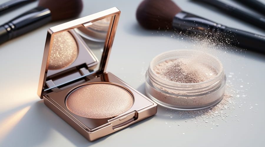 Close-up of pearly mica flakes in cosmetic highlighter compact and loose powder tray, with soft reflective shimmer under studio lighting.
