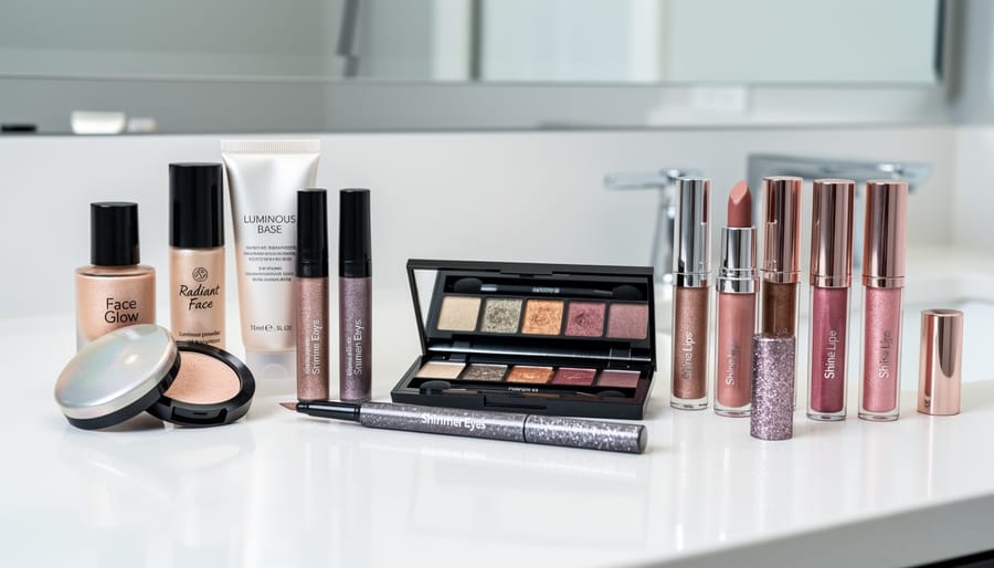 Shimmery highlighter, shimmer eyeshadow palette, and glossy lip product arranged on a light stone surface