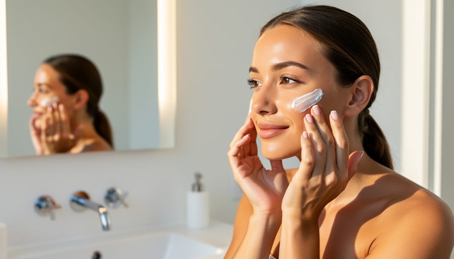 Person applying sunscreen to their face in a bright bathroom