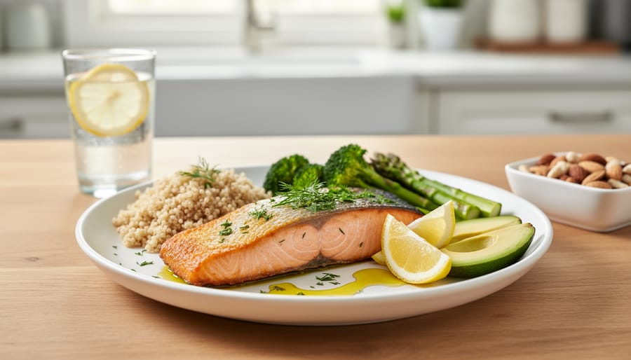 Roasted salmon and sardines on a plate with lemon wedge