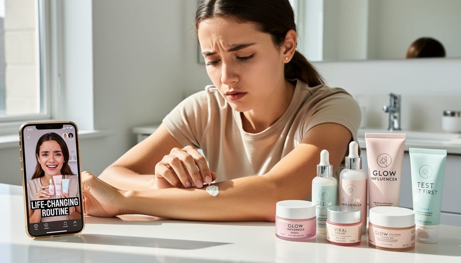 Person applying a small amount of skincare to an inner wrist for patch testing