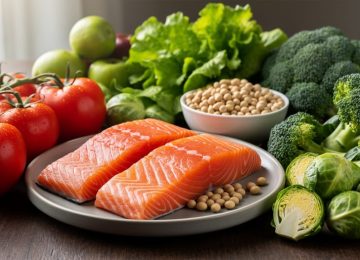 Still life of tomatoes, soybeans, broccoli and Brussels sprouts, and salmon arranged on a wooden table in soft daylight.