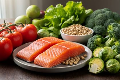 Still life of tomatoes, soybeans, broccoli and Brussels sprouts, and salmon arranged on a wooden table in soft daylight.