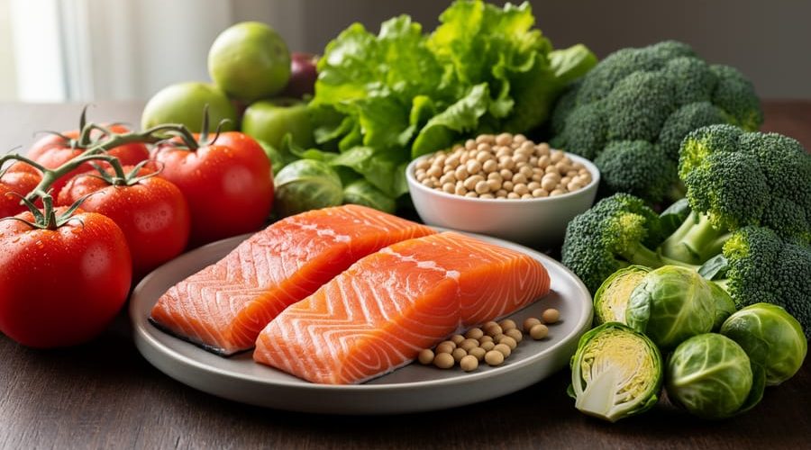 Still life of tomatoes, soybeans, broccoli and Brussels sprouts, and salmon arranged on a wooden table in soft daylight.