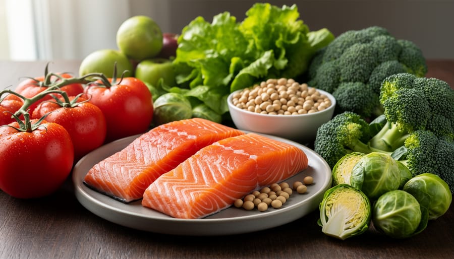 Still life of tomatoes, soybeans, broccoli and Brussels sprouts, and salmon arranged on a wooden table in soft daylight.