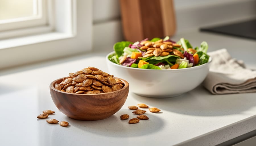 Hand holding pumpkin seeds with scattered seeds on a wooden table