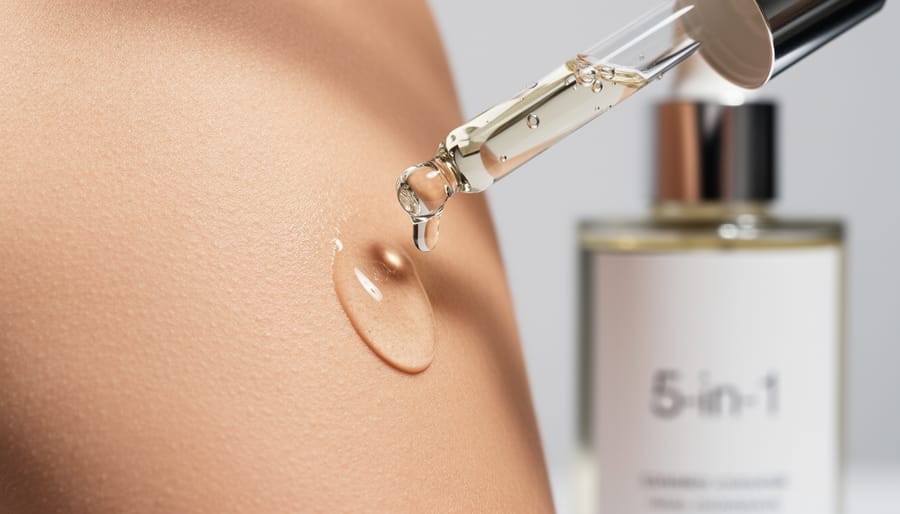Hands dispensing a clear facial serum drop onto the back of the hand in natural light.