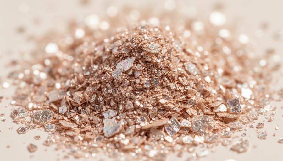 Macro close-up of shimmering mica particles scattered on a matte black surface