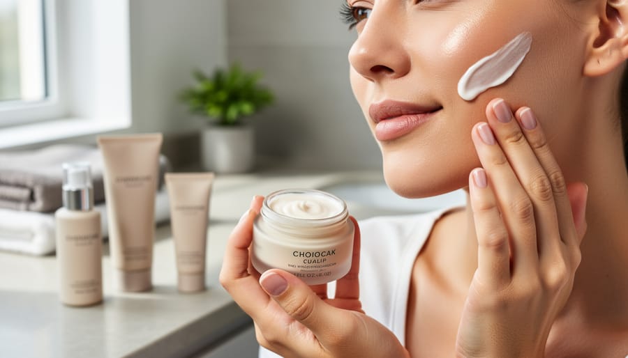 Person gently applying skincare gel to the cheek with natural dewy skin in soft studio light