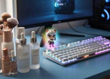 Beauty-minded gamer’s desk with skincare bottles and makeup brushes next to a glowing keyboard and a small game-themed collectible aura.