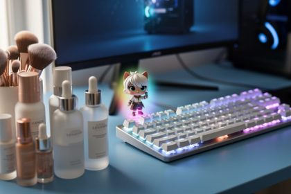 Beauty-minded gamer’s desk with skincare bottles and makeup brushes next to a glowing keyboard and a small game-themed collectible aura.