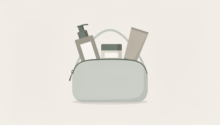 Open travel pouch with neatly packed skincare containers on a light wood surface
