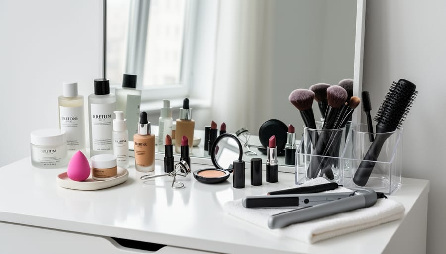 Skincare products and tools arranged on a bathroom vanity countertop