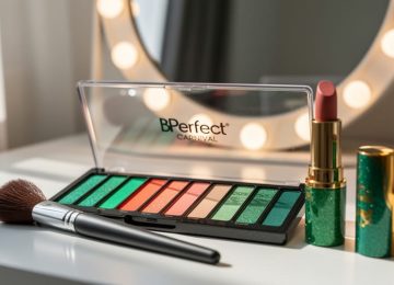 Close-up of an open eyeshadow palette with vibrant emerald and coral shades, a makeup brush, and glossy lip product on a vanity under soft natural light.