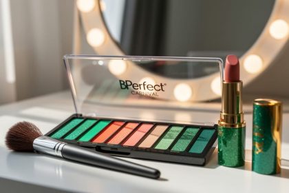 Close-up of an open eyeshadow palette with vibrant emerald and coral shades, a makeup brush, and glossy lip product on a vanity under soft natural light.