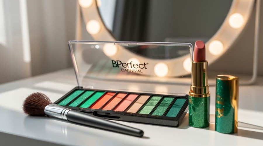 Close-up of an open eyeshadow palette with vibrant emerald and coral shades, a makeup brush, and glossy lip product on a vanity under soft natural light.