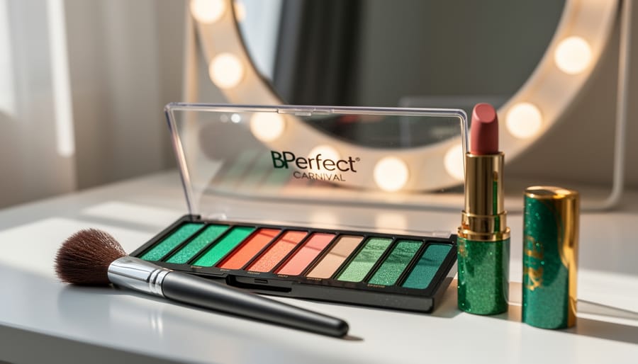 Close-up of an open eyeshadow palette with vibrant emerald and coral shades, a makeup brush, and glossy lip product on a vanity under soft natural light.