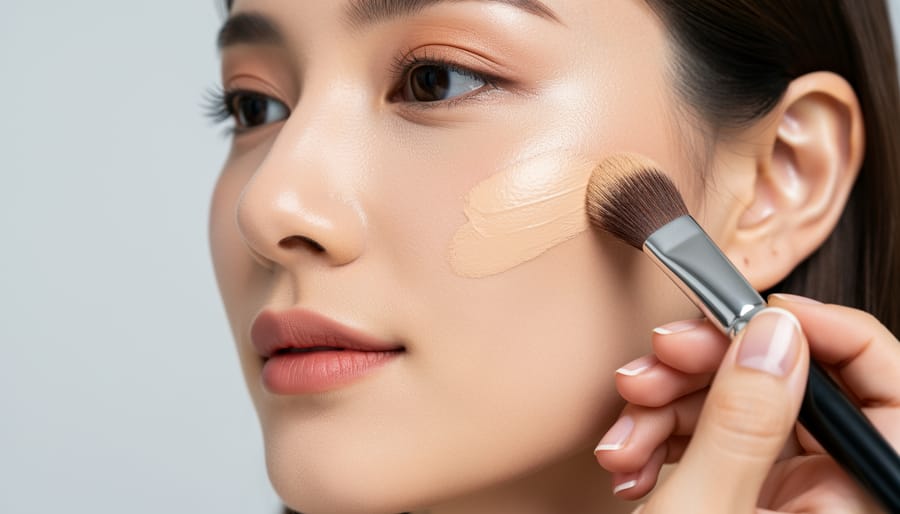 Close-up of model’s face with makeup sponge and complexion product blending on skin