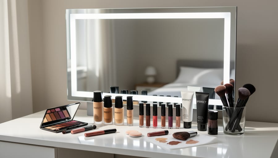 Makeup vanity scene with brushes and cosmetic products arranged neatly with soft studio lighting