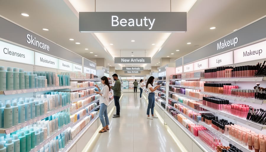 Shopper holding cosmetics basket in a well-lit beauty megastore near organized shelves