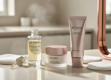 Four skincare products arranged on a clean vanity with cotton pads and soft daylight, styled for a celebrity-inspired routine.
