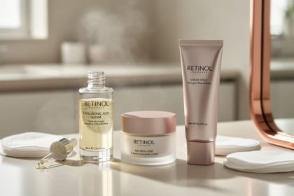 Four skincare products arranged on a clean vanity with cotton pads and soft daylight, styled for a celebrity-inspired routine.