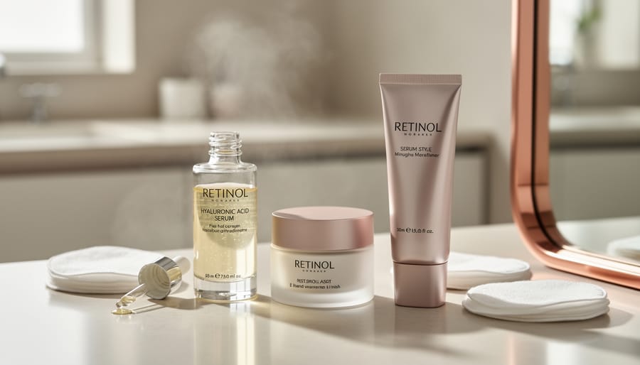 Four skincare products arranged on a clean vanity with cotton pads and soft daylight, styled for a celebrity-inspired routine.