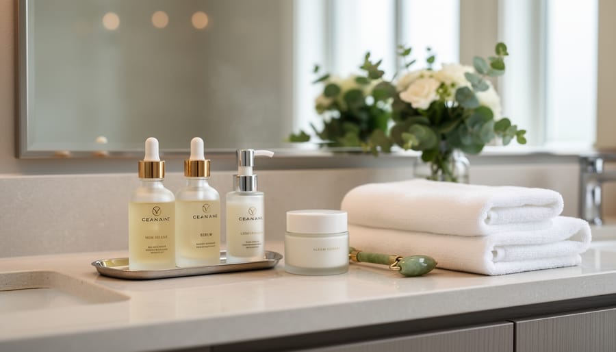 A person holding a small tray of skincare products on a vanity with a fresh, glowing complexion.