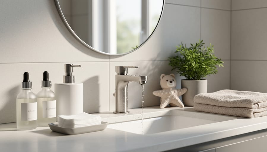Patrick Star plush and skincare items arranged on a bathroom countertop in a warm, cozy self-care setup