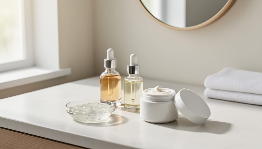 Skincare products arranged on a clean vanity counter with soft natural window light