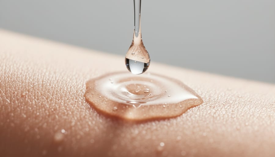 Close-up of collagen serum droplet being dispensed onto a hand with a glass dropper bottle in view
