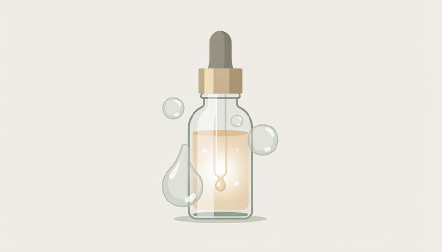 Close-up of a hand holding a glass dropper with serum above a skincare bottle under soft lighting