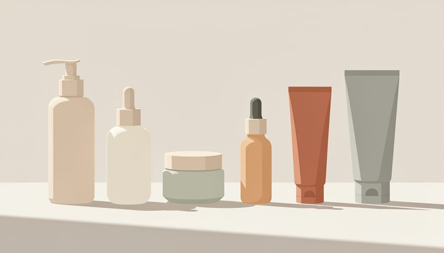 Skincare products arranged on a clean counter in natural sunlight with a softly blurred bathroom background.