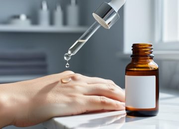 Close-up of a serum dropper releasing a clear droplet onto smooth, glowing facial skin beside an amber skincare bottle on a white marble surface.