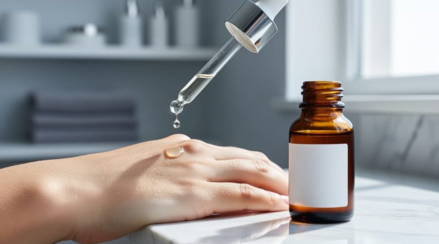 Close-up of a serum dropper releasing a clear droplet onto smooth, glowing facial skin beside an amber skincare bottle on a white marble surface.