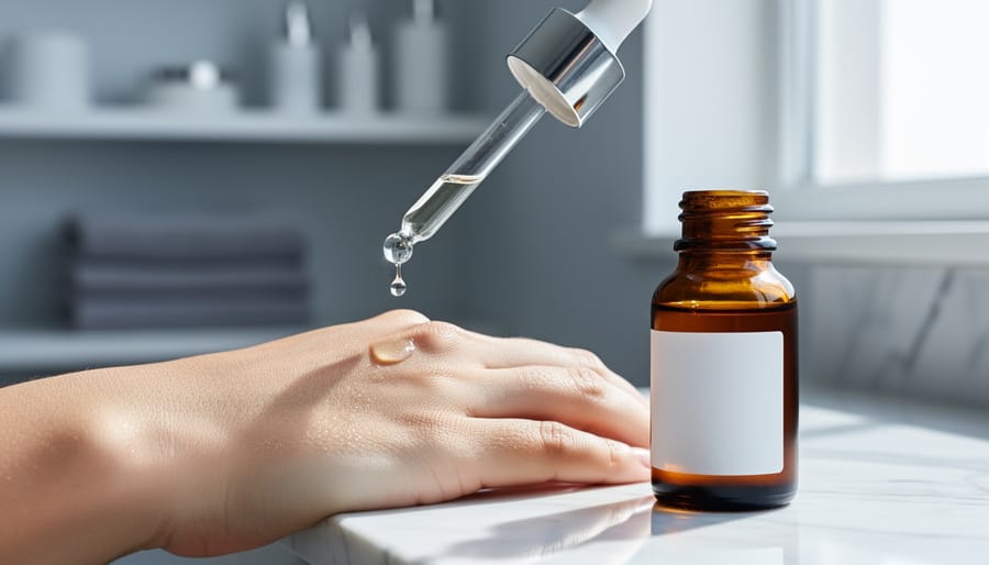 Close-up of a serum dropper releasing a clear droplet onto smooth, glowing facial skin beside an amber skincare bottle on a white marble surface.