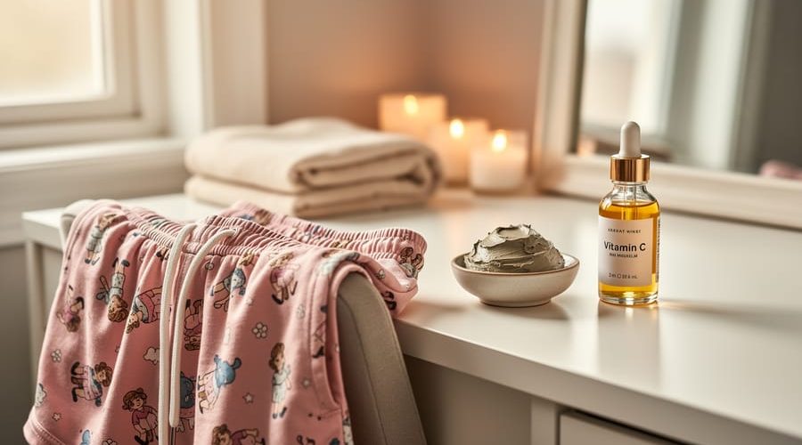 Cozy skincare routine on a vanity with a drying clay mask and vitamin C serum, paired with Patrick Star–style pink athletic shorts draped over a chair.