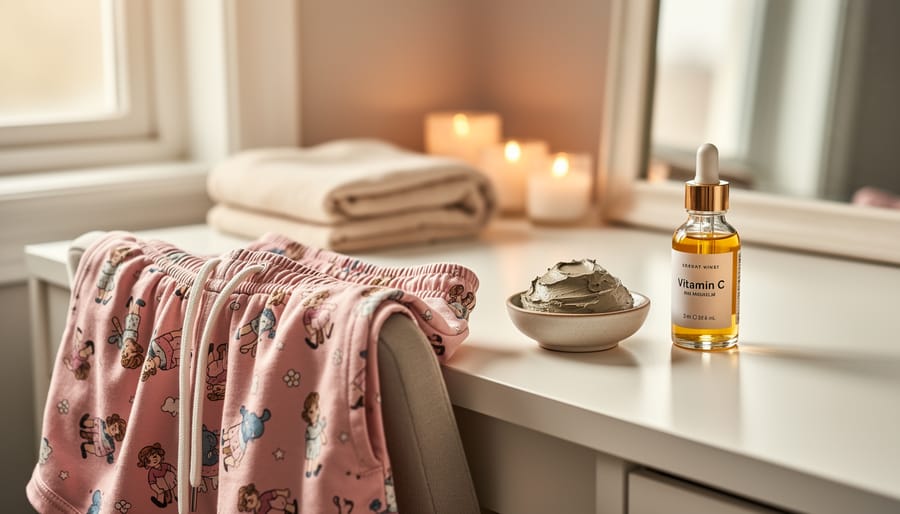 Cozy skincare routine on a vanity with a drying clay mask and vitamin C serum, paired with Patrick Star–style pink athletic shorts draped over a chair.