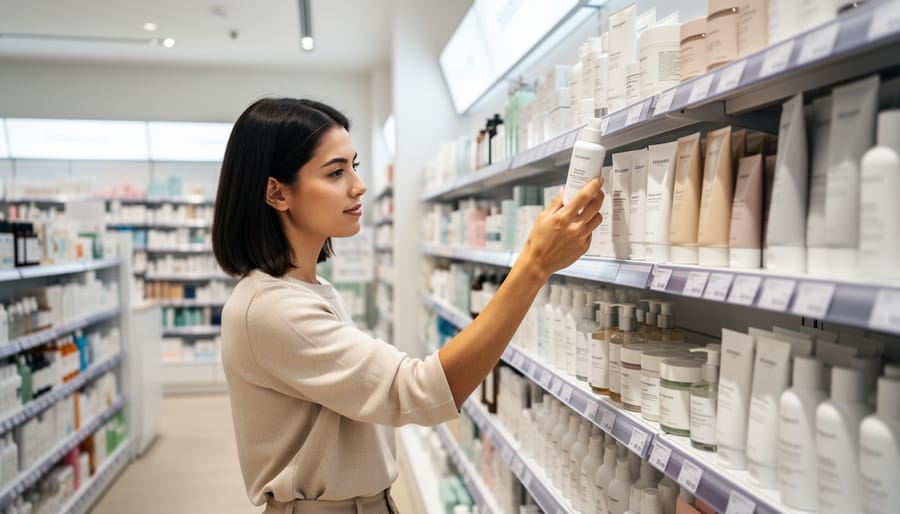 Shopper reaching for facial skincare products in a bright pharmacy aisle while holding a product box