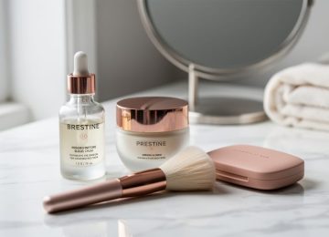 Close-up vanity scene with a glass serum dropper bottle, cream jar, and makeup compact on a marble surface in soft natural light.